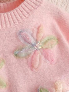 少女可愛花卉刺繡網紗圓領長袖針織衫，粉色，冬季，仙女風，假日派對，秋冬款 - 粉色 - 查看 4