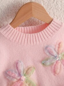 少女可愛花卉刺繡網紗圓領長袖針織衫，粉色，冬季，仙女風，假日派對，秋冬款 - 粉色 - 查看 3