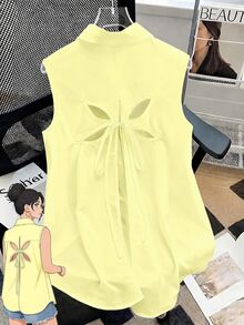 SHEIN LUNE CURVE 大尺碼女款素色優雅後背蝴蝶結襯衫 - 淡黃色 - 查看 1