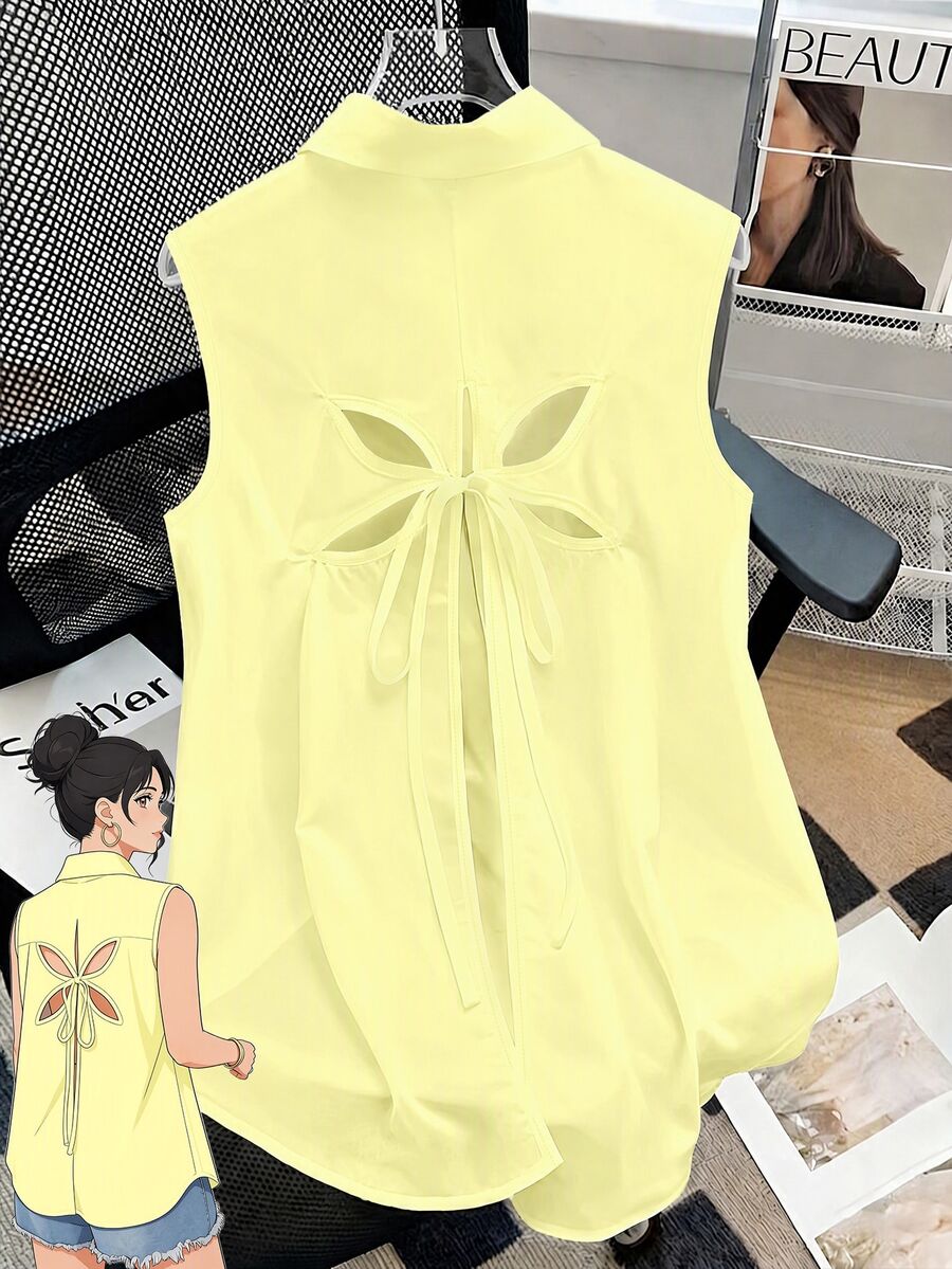 SHEIN LUNE CURVE 大尺碼女款素色優雅後背蝴蝶結襯衫 - 淡黃色 - 查看 1