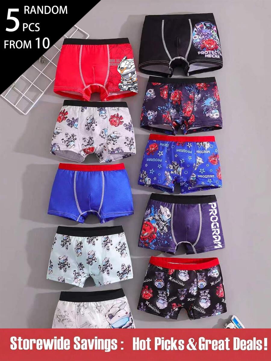 SHEIN 5pcs/Pack Young Boys Multi-Color White Baby Blue Series Simple Basic College Print Boxer Briefs Summer - Multicolor - View 1