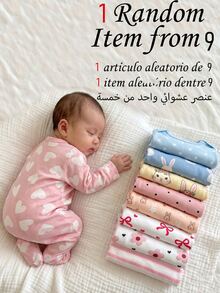 SHEIN 【隨機 2 件/9 款組】新生兒連身睡衣，長袖側開扣連身衣，兔子、愛心、蝴蝶結、波點、條紋、花卉、卡通印花，適合四季，室內或戶外玩耍，柔軟親膚 - 彩色 - 查看 4