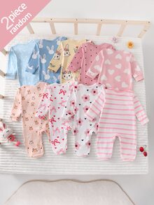 SHEIN 【隨機 2 件/9 款組】新生兒連身睡衣，長袖側開扣連身衣，兔子、愛心、蝴蝶結、波點、條紋、花卉、卡通印花，適合四季，室內或戶外玩耍，柔軟親膚 - 彩色 - 查看 2