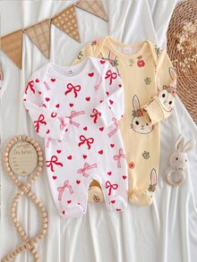 SHEIN 【隨機 2 件/9 款組】新生兒連身睡衣，長袖側開扣連身衣，兔子、愛心、蝴蝶結、波點、條紋、花卉、卡通印花，適合四季，室內或戶外玩耍，柔軟親膚 - 彩色 - 查看 6