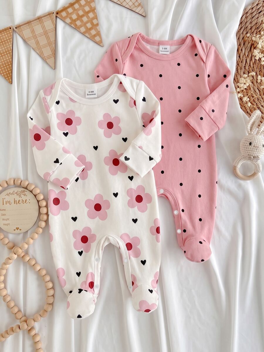 SHEIN 【隨機 2 件/9 款組】新生兒連身睡衣,長袖側開扣連身衣,兔子、愛心、蝴蝶結、波點、條紋、花卉、卡通印花,適合四季,室內或戶外玩耍,柔軟親膚 - 彩色 - 查看 1