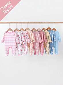 SHEIN 【隨機 2 件/9 款組】新生兒連身睡衣，長袖側開扣連身衣，兔子、愛心、蝴蝶結、波點、條紋、花卉、卡通印花，適合四季，室內或戶外玩耍，柔軟親膚 - 彩色 - 查看 5
