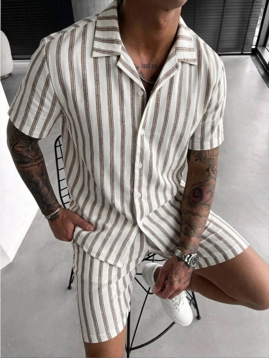 Manfinity Homme 男士夏季休閒運動棕色條紋襯衫短褲套裝,適合日常穿著、外出或朋友聚會,度假海灘理想禮物 - 彩色 - 查看 1