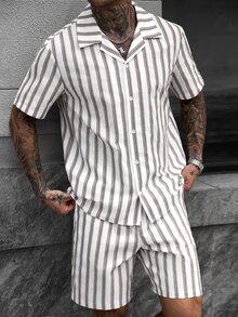 Manfinity Homme 男士夏季休閒運動棕色條紋襯衫短褲套裝，適合日常穿著、外出或朋友聚會，度假海灘理想禮物 - 彩色 - 查看 5