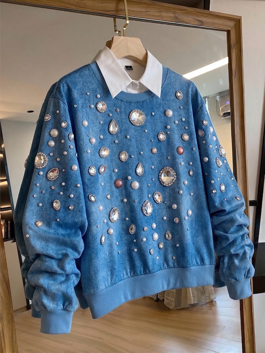 SHEIN Unity Women's Denim Effect Rhinestone Print 2 In 1 Long Sleeve Sweatshirt - Blue - View 1