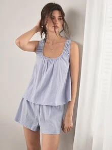 Ocili 100%純棉波希米亞風舒適極簡女款家居服套裝 - 淺灰紫 - 查看 6