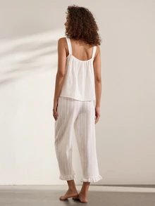 Ocili White Pure Cotton Embroidered Hollow-Out Ruffle Tie-Up Simple Comfortable Women's Loungewear Set - White - View 3