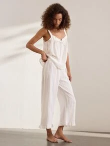 Ocili White Pure Cotton Embroidered Hollow-Out Ruffle Tie-Up Simple Comfortable Women's Loungewear Set - White - View 5
