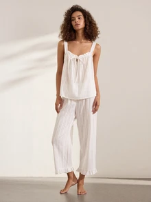 Ocili White Pure Cotton Embroidered Hollow-Out Ruffle Tie-Up Simple Comfortable Women's Loungewear Set - White - View 4
