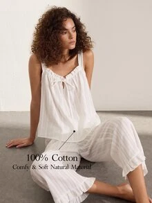 Ocili White Pure Cotton Embroidered Hollow-Out Ruffle Tie-Up Simple Comfortable Women's Loungewear Set - White - View 1
