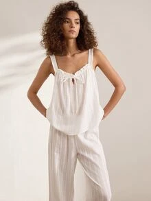 Ocili White Pure Cotton Embroidered Hollow-Out Ruffle Tie-Up Simple Comfortable Women's Loungewear Set - White - View 2