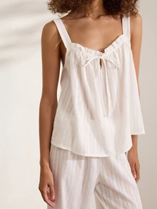 Ocili White Pure Cotton Embroidered Hollow-Out Ruffle Tie-Up Simple Comfortable Women's Loungewear Set - White - View 6