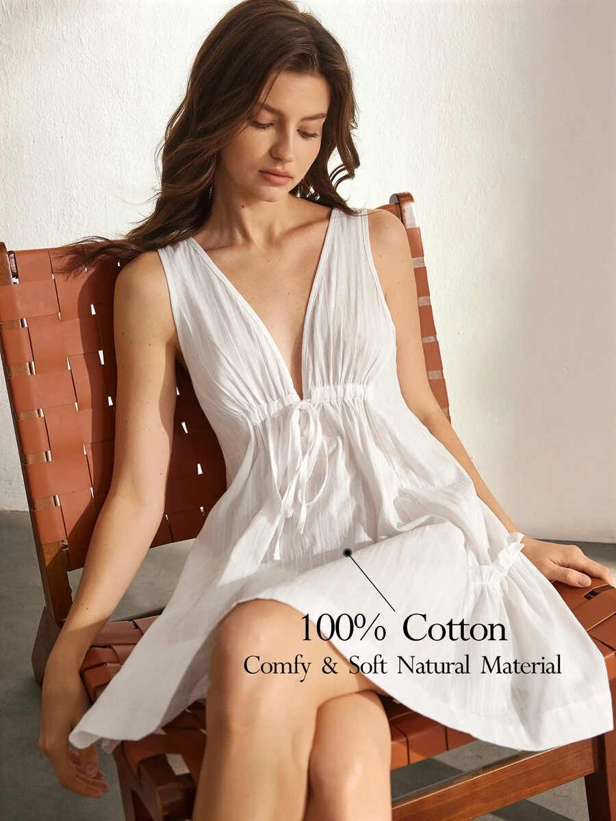 Ocili 100%纯棉休闲舒适宽松吊带睡裙,女士睡衣连衣裙 - 白色 - 查看 1