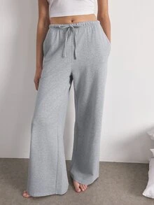 Ocili Women's Solid Color Drawstring Waist Pocket Wide Leg Loose Casual Pajama Pants - Grey - View 5