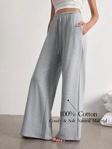 Ocili Women's Solid Color Drawstring Waist Pocket Wide Leg Loose Casual Pajama Pants - Grey - View 1