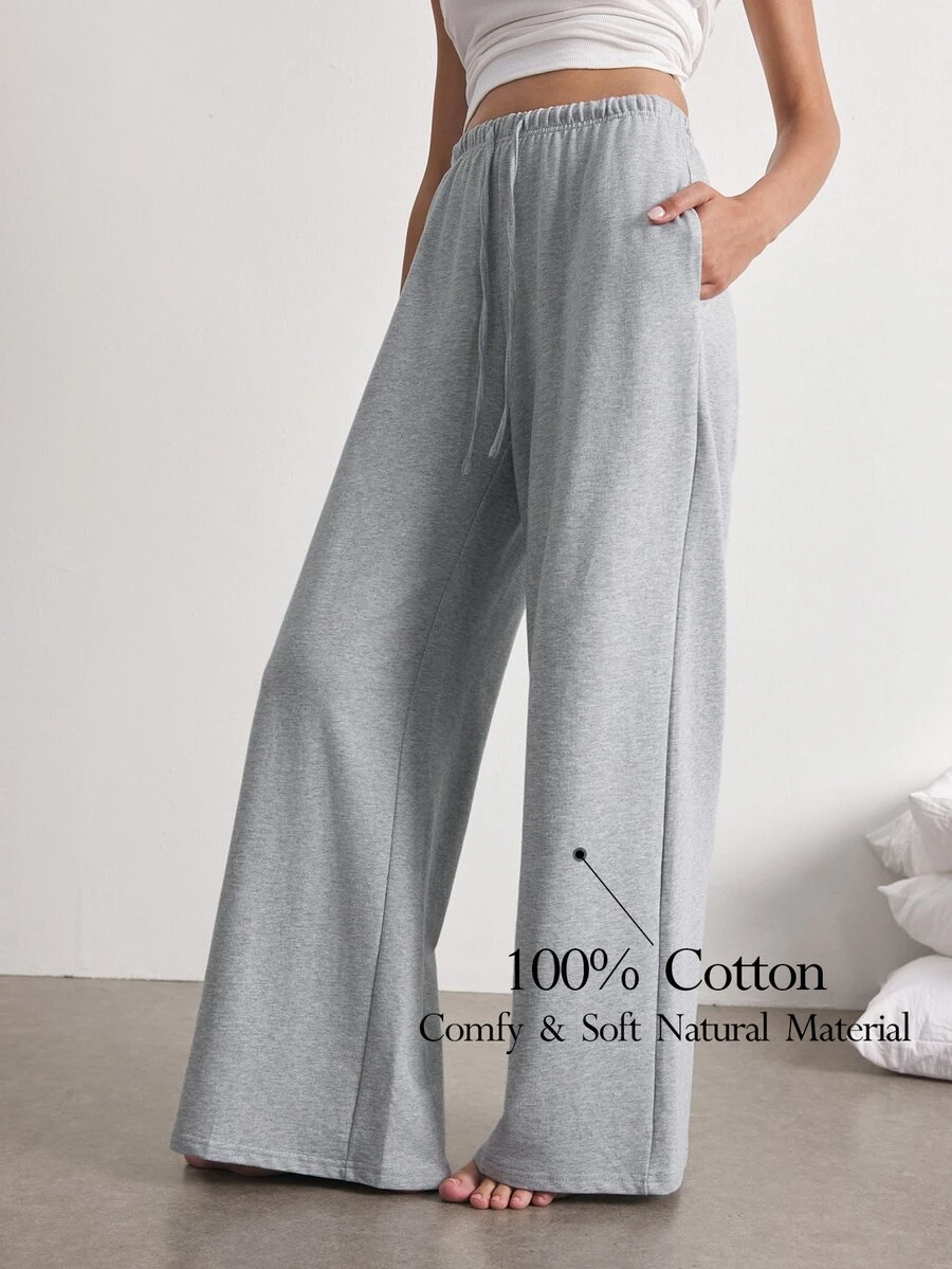 Ocili Women's Solid Color Drawstring Waist Pocket Wide Leg Loose Casual Pajama Pants - Grey - View 1