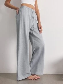 Ocili Women's Solid Color Drawstring Waist Pocket Wide Leg Loose Casual Pajama Pants - Grey - View 3