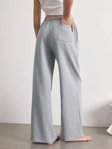 Ocili Women's Solid Color Drawstring Waist Pocket Wide Leg Loose Casual Pajama Pants - Grey - View 2