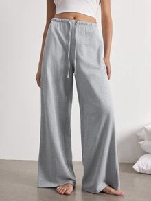 Ocili Women's Solid Color Drawstring Waist Pocket Wide Leg Loose Casual Pajama Pants - Grey - View 4