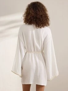 Ocili 女款純色極簡日常編織繫帶純棉長袖居家睡袍睡衣 - 白色 - 查看 3