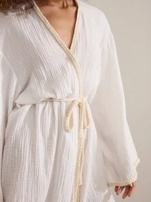 Ocili 女款純色極簡日常編織繫帶純棉長袖居家睡袍睡衣 - 白色 - 查看 6
