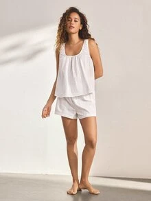 Ocili 100%纯棉波西米亚风舒适简约女士睡衣套装 - 白色 - 查看 4