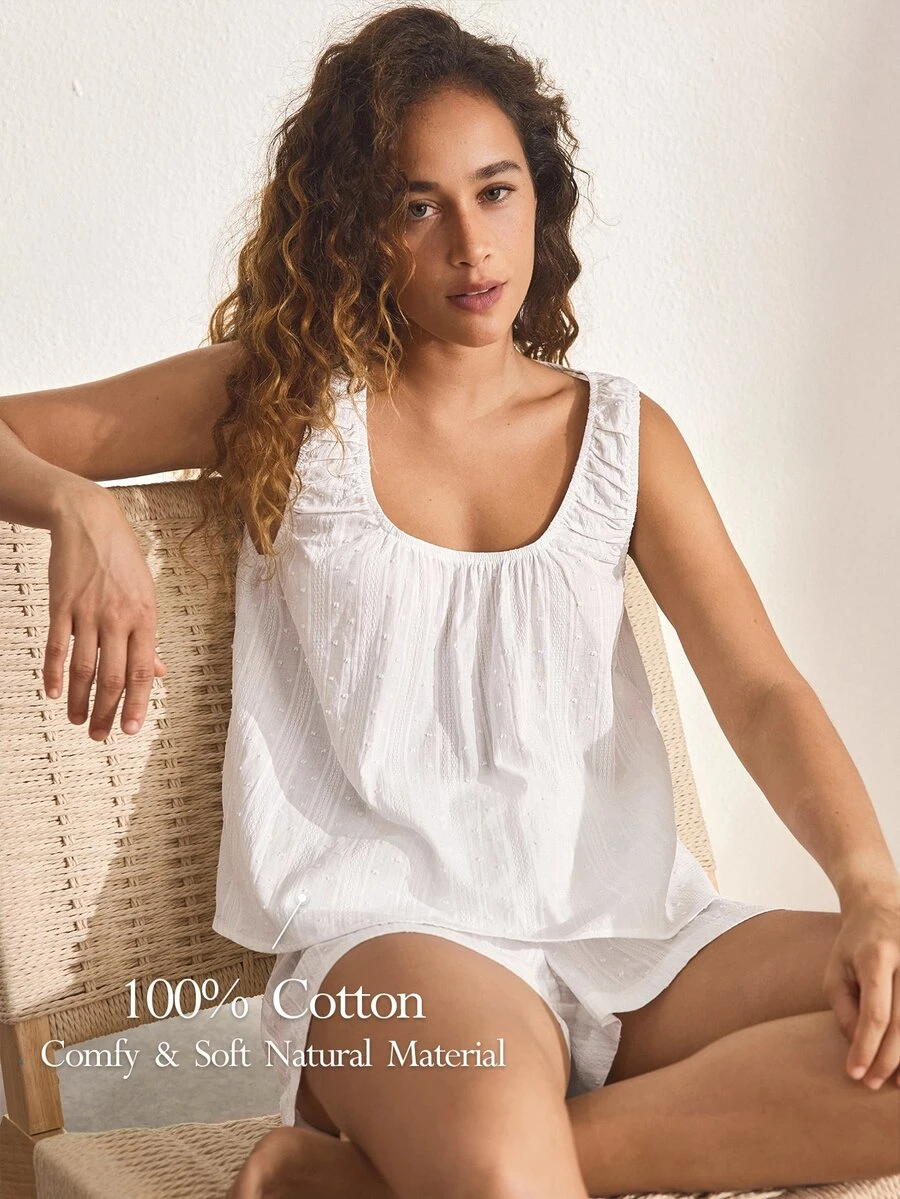 Ocili 100%纯棉波西米亚风舒适简约女士睡衣套装 - 白色 - 查看 1