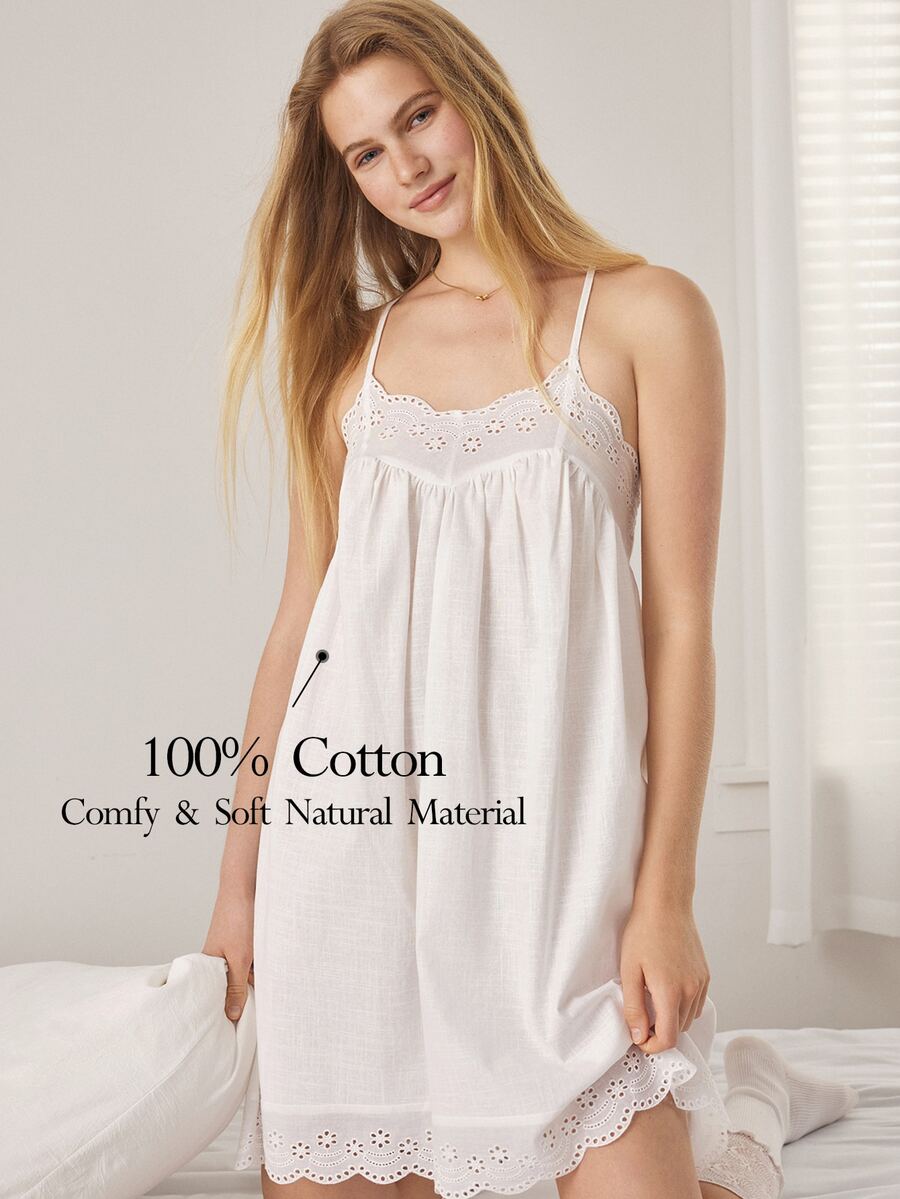 Ocili Women's Solid Color Hollow Embroidery Spaghetti Strap Nightgown Loungewear Dress - White - View 1