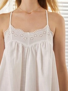 Ocili Women's Solid Color Hollow Embroidery Spaghetti Strap Nightgown Loungewear Dress - White - View 6