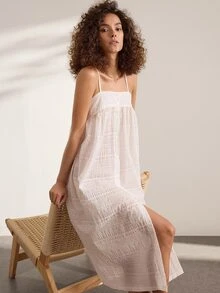 Ocili 100% Jacquard Pure Cotton Soft Comfortable Patchwork Shell Button Camisole Nightgown Women's Loungewear Dress - White - View 7