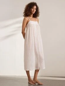 Ocili 100% Jacquard Pure Cotton Soft Comfortable Patchwork Shell Button Camisole Nightgown Women's Loungewear Dress - White - View 6