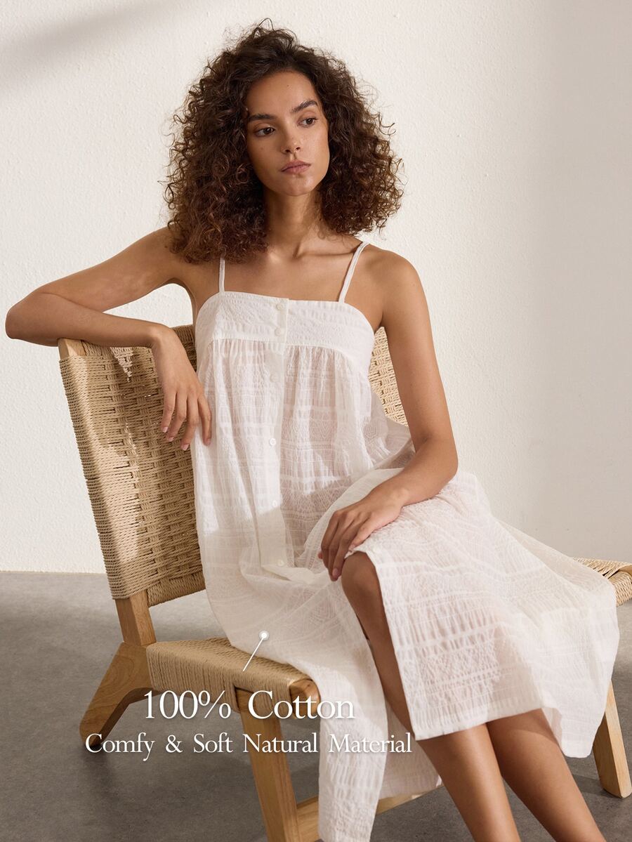 Ocili 100% Jacquard Pure Cotton Soft Comfortable Patchwork Shell Button Camisole Nightgown Women's Loungewear Dress - White - View 1