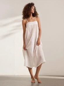 Ocili 100% Jacquard Pure Cotton Soft Comfortable Patchwork Shell Button Camisole Nightgown Women's Loungewear Dress - White - View 5