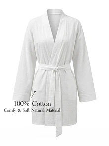 Ocili Women's Solid Color Robe With Belt - White - View 1