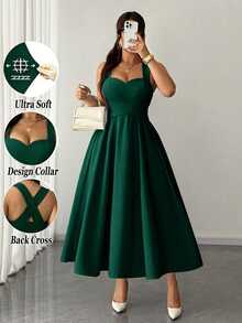 Elenzga Women's Plus Size Elegant Solid Color High Elastic Fabric Spaghetti Strap Wrap Tie Design Back Ruched Bow Cinched Waist Pleated Waist Super Flared Hem Versatile Design Party Gathering Music Festival Casual Versatile Design Fashion Item Vacation Night Date Valentine's Day Spaghetti Strap Midi Dress - Green - View 1