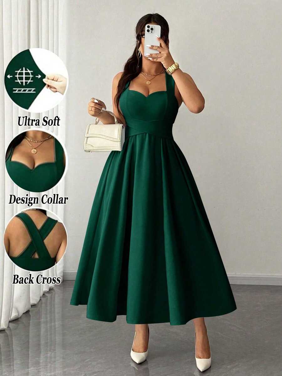 Elenzga Women's Plus Size Elegant Solid Color High Elastic Fabric Spaghetti Strap Wrap Tie Design Back Ruched Bow Cinched Waist Pleated Waist Super Flared Hem Versatile Design Party Gathering Music Festival Casual Versatile Design Fashion Item Vacation Night Date Valentine's Day Spaghetti Strap Midi Dress - Green - View 1