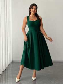 Elenzga Women's Plus Size Elegant Solid Color High Elastic Fabric Spaghetti Strap Wrap Tie Design Back Ruched Bow Cinched Waist Pleated Waist Super Flared Hem Versatile Design Party Gathering Music Festival Casual Versatile Design Fashion Item Vacation Night Date Valentine's Day Spaghetti Strap Midi Dress - Green - View 6
