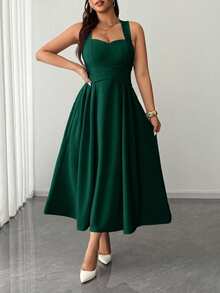 Elenzga Women's Plus Size Elegant Solid Color High Elastic Fabric Spaghetti Strap Wrap Tie Design Back Ruched Bow Cinched Waist Pleated Waist Super Flared Hem Versatile Design Party Gathering Music Festival Casual Versatile Design Fashion Item Vacation Night Date Valentine's Day Spaghetti Strap Midi Dress - Green - View 3