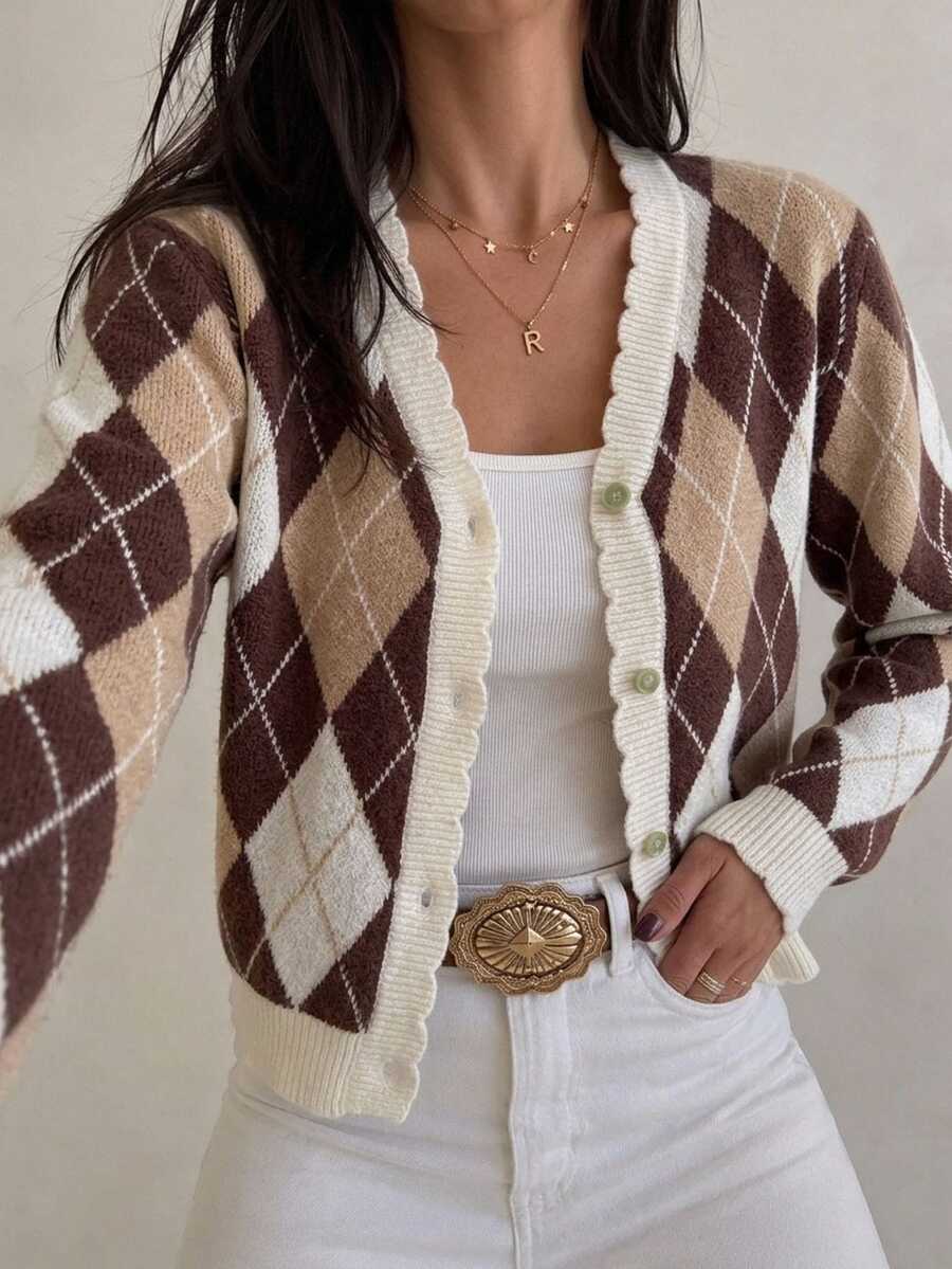 SHEIN Clasi Casual Solid Color Short Hollow-Out Knit Cardigan In Fall/Winter - Brown - View 1