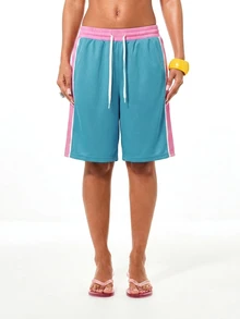 SUMWON WOMEN Contrast Side Panel Mesh Shorts With Elastic Waistband And Logo Print For Summer - Blue - View 2