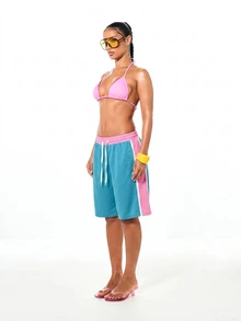 SUMWON WOMEN Contrast Side Panel Mesh Shorts With Elastic Waistband And Logo Print For Summer - Blue - View 5