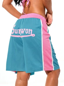 SUMWON WOMEN Contrast Side Panel Mesh Shorts With Elastic Waistband And Logo Print For Summer - Blue - View 4