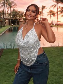 Firerie Plus Size Sequin Draped Neck Tank Top With Cowl Neck And Asymmetrical Hem Night Party Rave Rodeo White Summer 70's Sexy - White - View 5
