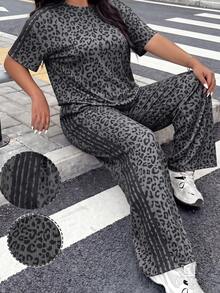 SHEIN EZwear 大尺碼女款豹紋圓領短袖T恤與長褲休閒兩件套 - 深灰色 - 查看 1