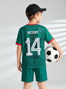SHEIN 青少年男孩休閒簡約時尚足球球衣，墨西哥足球衫，時尚經典，Y2K，酷感風格，10號，運動風短袖圓領T恤，適合春夏季 - 綠色 - 查看 3