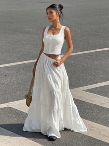 SHEIN EZwear 女款休閒熱帶風純色蕾絲飾邊百搭夏季兩件套，白色，適合海灘度假 - 白色 - 查看 4